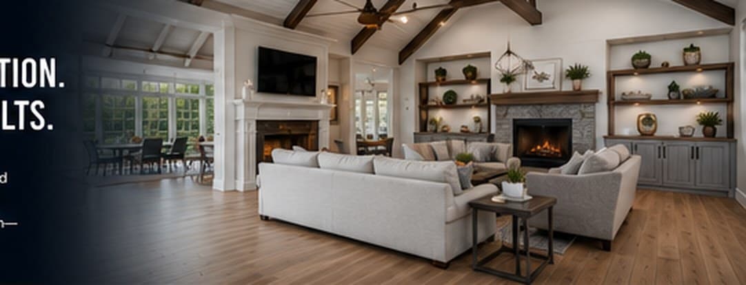 A fully renovated living room with vaulted ceilings